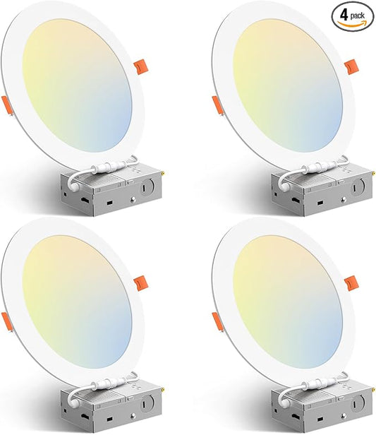 Amico 4 Pack 8 Inch 5CCT Ultra-Thin LED Recessed Ceiling Light with Junction Box, 2700K/3000K/3500K/4000K/5000K Selectable, 18W Eqv 125W 1600LM Brightness Dimmable Canless Wafer Downlight, ETL