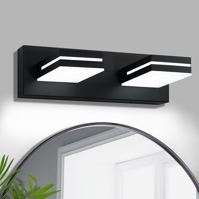 OKELI 2 Light Bathroom Vanity Light Matte Black Modern 16W LED Dimmable Vanity Light Over Mirror 350° Adjustable Lamp Head Cold White 6000K ETL Listed 15.5Inch