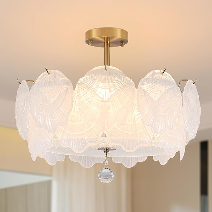ETONIMERR 19.7'' Modern Glass Chandelier for Dining Room, Gold Semi Flush Mount Ceiling Light with Glass Shell Petals, 3 Light Flower Chandelier for Bedroom Living Room Hallway Entryway