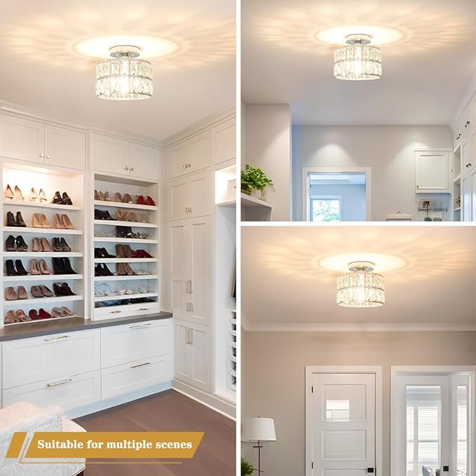 Crystal Ceiling Light Fixture, Modern Chrome Crystal Chandelier, Small Semi Flush Mount Ceiling Lighting, Round Hallway Lighting for Kitchen Entryway Bedroom Bathroom, 1-Light, 8.8 Inch