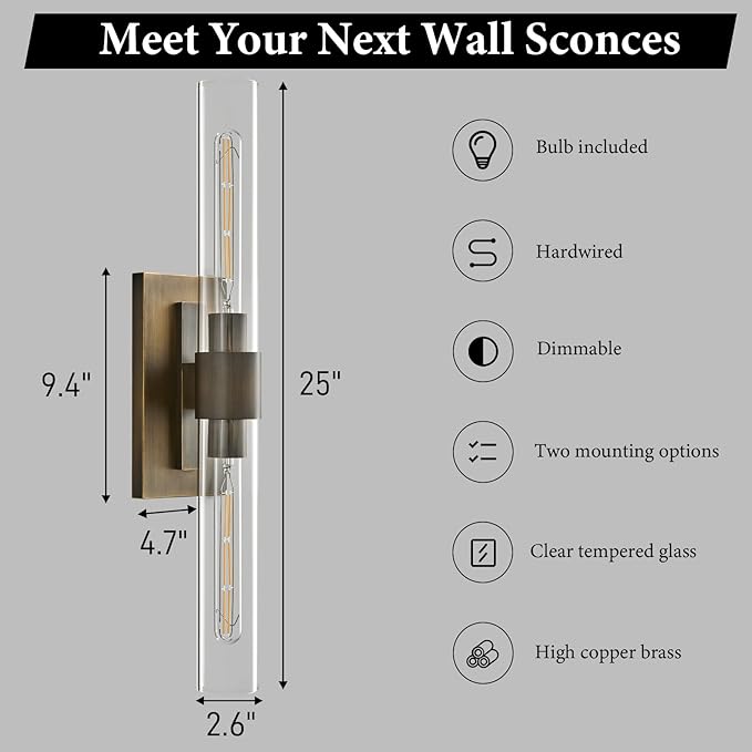Linear Brass Bathroom Wall Sconce - Luxury Antique Brushed Gold Sconces Set of 2 - Dimmable Vanity Lights Fixture with Clear Glass Tube - Modern Lighting for Bedroom Living Room Hallway Indoor Decor