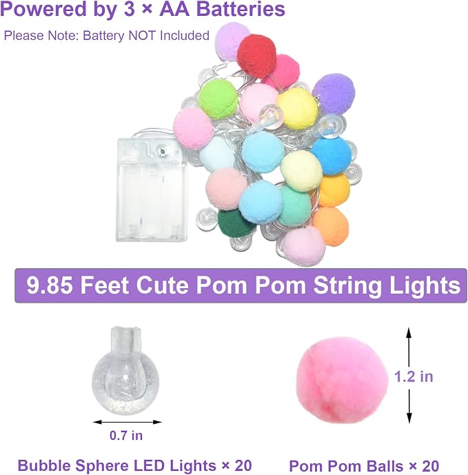 ChiRee 9.85FT String Lights with 20 Cute Pompoms 20 Colorful Bubble Ball LED Indoor String Lights Battery Operated with Timer for Home Bedroom Kids Playhouse Birthday Wedding Party Holiday Christma