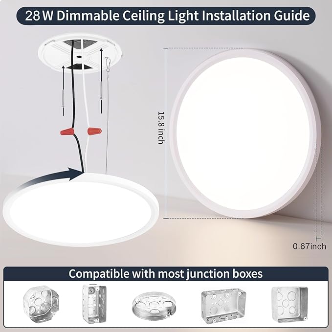 16 Inch Flush Mount Ceiling Light, 32W Dimmable LED Fixture 3200LM, 3000K/4500K/6000K Adjustable, Round Ceiling Lamp for Bedroom, Kitchen, Living Room, Dining Room, Bathroom, White