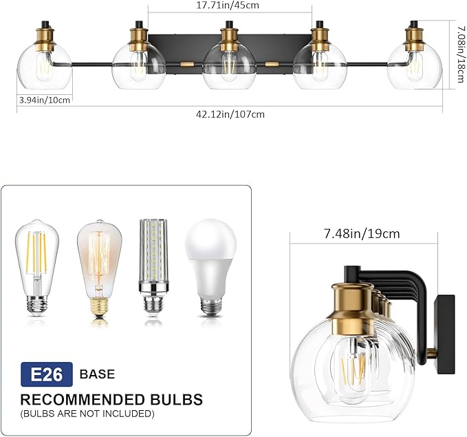 Tipace Vintage Vanity Light Fixture,5-Light Industrial Black & Gold Bathroom Lighting with Globe Clear Glass Shades Farmhouse Bath Lighting (Exclude Bulb)
