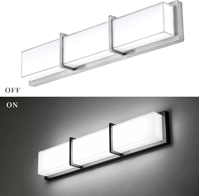 Bathroom Light Fixtures, Vanity Lights 27In Cool White Bathroom Lighting Fixtures Over Mirror 28W 6000k Dimmable Modern Brushed Nickel Vanity Light for WC, Toilet, Kitchen, Cabinet, Wall