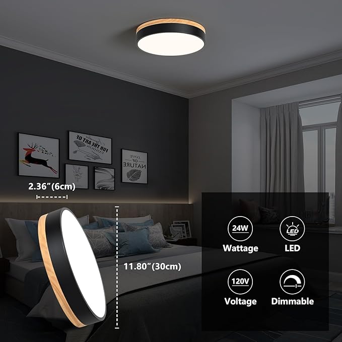 WOKNOS Modern Wood Oak Black Flush Mount Ceiling Light Dimmable LED Ceiling Light Fixture 2700K-6000K 5CCT Minimalist Circle Close to Lighting Lamp for Kitchen Bathroom Bedroom Laundry Room, 11.8''