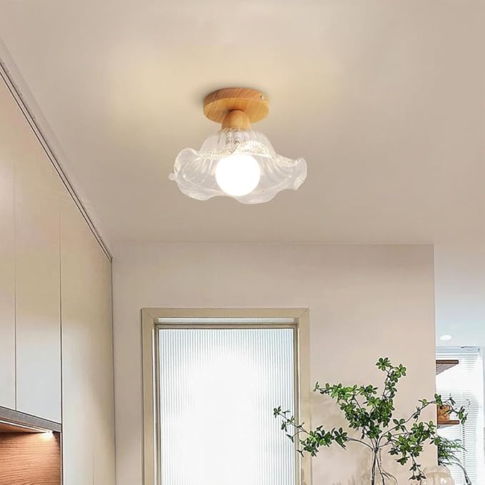 Schoolhouse Light Fixture Wood Ceiling Lamp, Semi Flush Mount Ceiling Light, 12'' Base, Balcony Solid Wood Hanging Light Farmhouse Bedroom Kitchen Hallway Glass Close to Ceiling Lights (D)