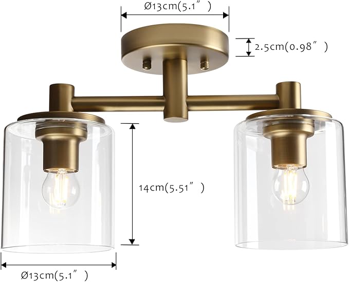 Pathson 2-Light Semi Flush Mount Ceiling Light, Industrial Pendant Lighting Fixture with Glass Shade, Ceiling Chandelier Lamp for Hallway Loft Kitchen Bar