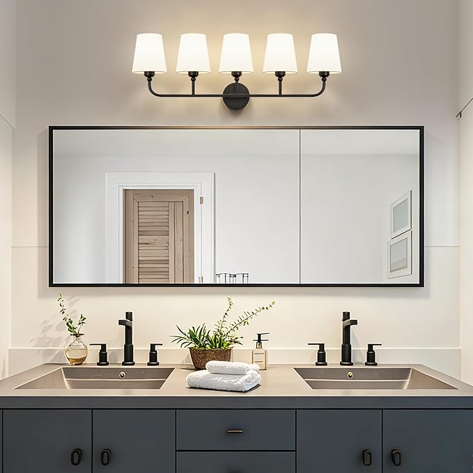 Bathroom Vanity Light, Matte Black Bathroom Light Fixtures, 5-Light Lighting Fixtures Over Mirror, Modern Wall Sconce with Flared White Fabric Shade, E26 Socket(ETL Listed)