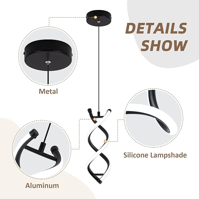 CANEOE Spiral Led Pendant Light Fixture,15W Cold White Light Modern LED Pendant Lamp, Adjustable Kitchen Island Hanging Light Fixture for Dining Room Living Room Bedroom Kitchen Sink, 3 Packs