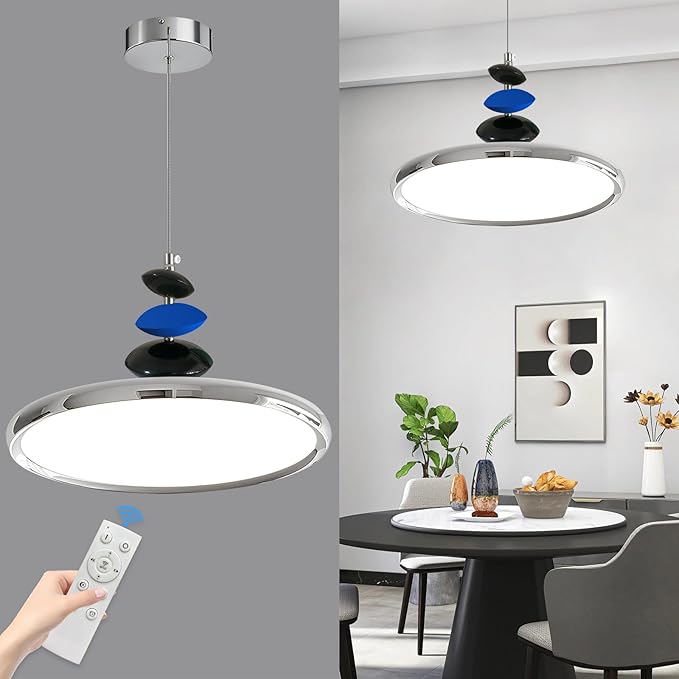 Mikeru Modern Pendant Lights, 23.6" Chrome Pendant Lighting Fixture with Remote Control Dimmable 3 Color Mode & Brightness Mid Century Island Light Fixture for Dining Room,Kitchen,Living Room