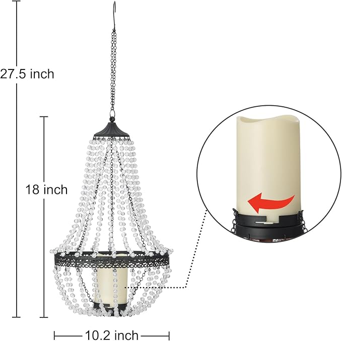 Hanging Candle Lantern Outdoor, 27” Battery Operated Modern Clear Acrylic Crystal Chandeliers with Flickering Yellow Led Candle Light S Hooks for Garden, Backyard, Gazebo, Room Indoor Indoor Decor