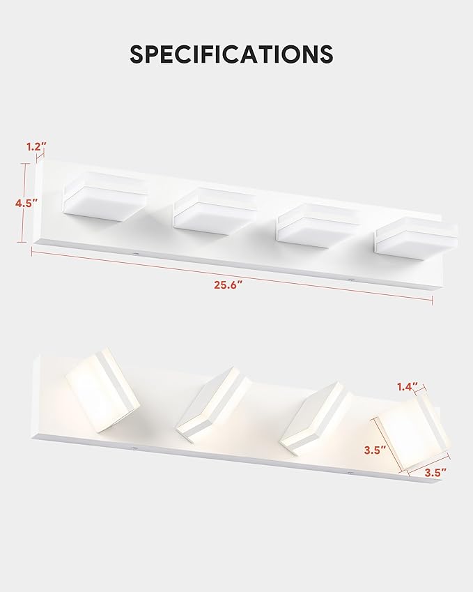 VONLUCE Bathroom Vanity Light Fixture, 4-Light Modern LED Vanity Light, 3CCT Adjustable Bathroom Lights with Memory Function Rotatable Shades, 26" Wall Lighting Fixture Over Mirror, Matte White