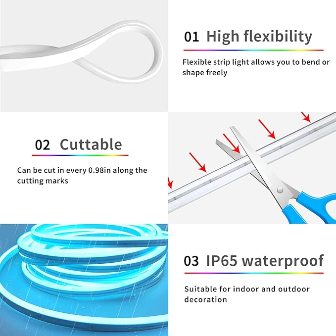 segrass 32.8ft LED neon Lights with Remote APP Control IP65 Waterproof Flexible Neon Strip Lights 24V RGB Rope Lights for Bedroom Room Outdoors Décor