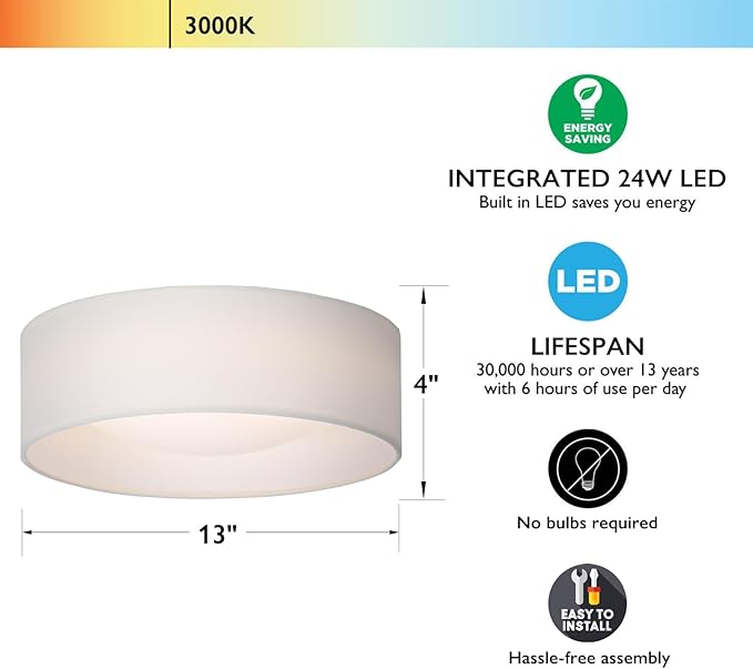 CALOKES 13" White Fabric Flush Mount Ceiling Light, 24W 3000K LED Closed to Ceiling Light Fixture with Classic Linen Drum Design for Bedrooms, Kitchen, Dining Room, Hallway