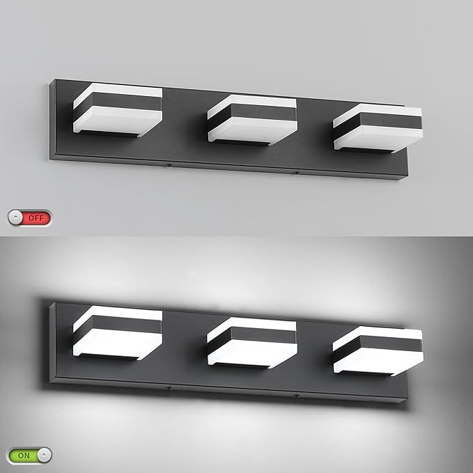 SOLFART Vanity Lights for Bathroom, Black 3 Light Bathroom Light Fixtures Modern Black LED Vanity Light Cool Light 6000K