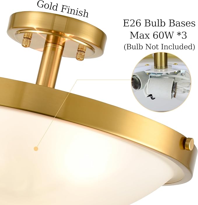 SAMTEEN 16-Inch Gold Semi Flush Mount Ceiling Light Mid Century Modern 3-Light Milk Glass Ceiling Light Brass Glass Flush Mount Light Fixtures for Bedroom Hallway Staircase