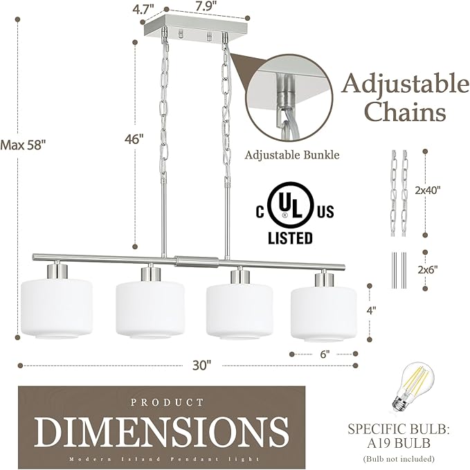 4-Light Brushed Nickel Kitchen Island Lighting, Modern Linear Dining Room Chandelier Light Fixtures with Milk Glass and Chain, Mid Century Hanging Lights for Kitchen Island, OS-YQ8153-4ISBNW