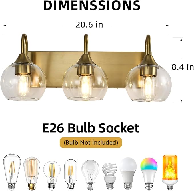 Bathroom Light Fixtures, 3-Light Brushed Gold Vanity Light Over Mirror, Modern Wall Sconces 21" with Clear Glass Globe Shade, Bathroom Wall Lights for Mirror Kitchen Bedroom Hallway
