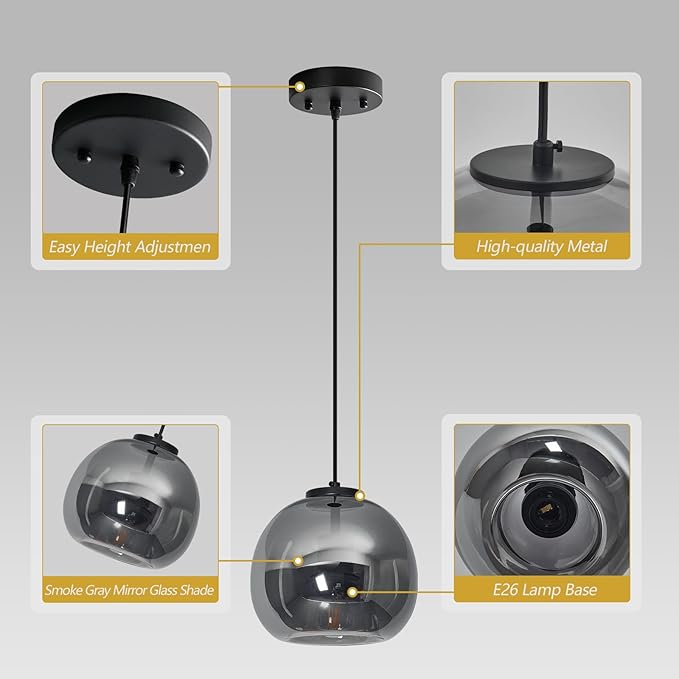 Mirror Smoke Gray Glass Pendant Lights Kitchen Island 2 Pack 7.87" Glass Globe Pendant Light Black Hanging Light Fixture Modern Pendant Lighting for Kitchen Island Bedroom Dining Room
