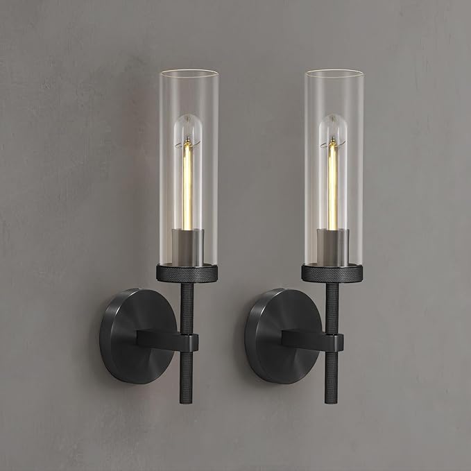 Knurled Wall Sconces Set of Two, Black Wall Sconce Lights, 14" Black Bathroom Wall Sconces, Glass Linear Sconce Wall Lighting, Vanity Lights Bathroom Light Fixture Wall Lights for Living Room
