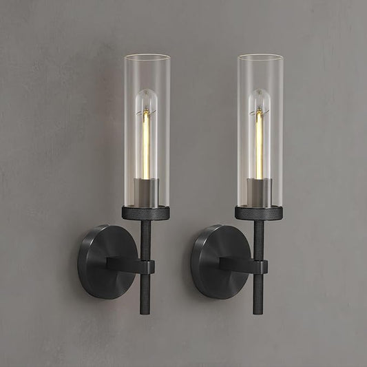 Knurled Wall Sconces Set of Two, Black Wall Sconce Lights, 14" Black Bathroom Wall Sconces, Glass Linear Sconce Wall Lighting, Vanity Lights Bathroom Light Fixture Wall Lights for Living Room
