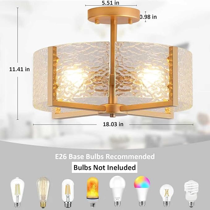 18 inch Large Gold Semi Flush Mount Drum Ceiling Light Fixture, 4-Light Glass Close to Ceiling Lighting Fixtures for Bedroom Hallway Kitchen Foyer Bathroom Closet Entryway Laundry Room