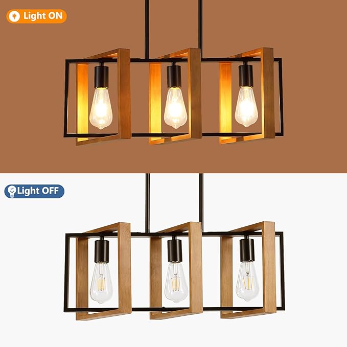 23.6" Kitchen Island Lighting,3 Lights Dining Table Chandelier, Rectangle Island Light for Dining&Living Room, Foyer Hallway,E26, Wood Frame.