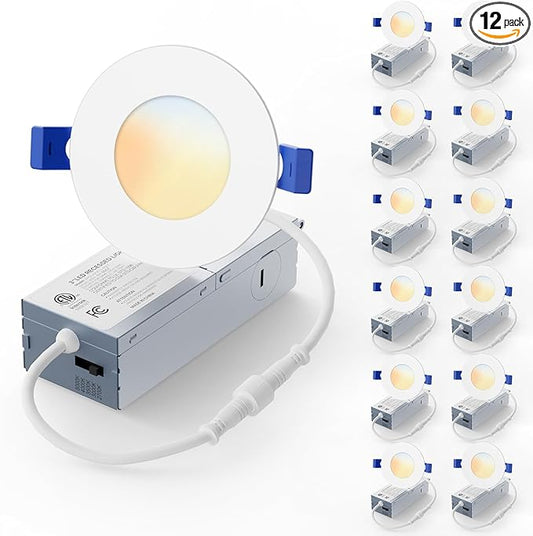 12 Pack 3 Inch LED Recessed Light, Dimmable, Damp Rated, 5CCT Selectable, 6W 500LM, 120V, Silm Canless Wafer Ceiling Light, ETL&FCC