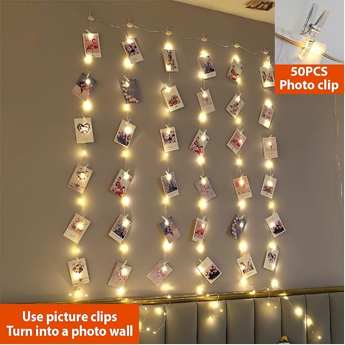 ZSJWL 3.3×5ft Short Curtain Lights with 8 Hook for Small Windows, 96 LED Warm White Photo Clips String Light with 52 Clear Clips, Remote Control 8 Modes USB Fairy Lights for Bedroom, Party, Wall