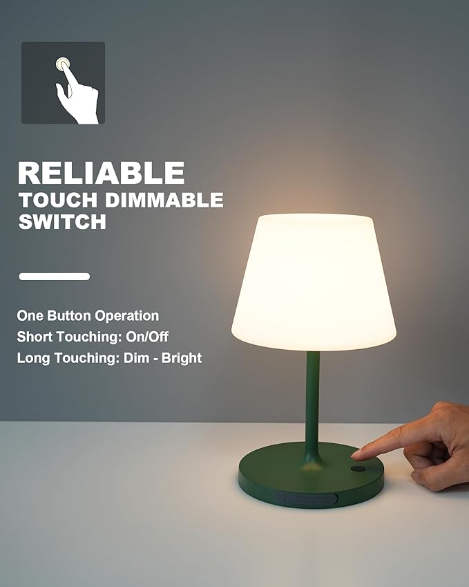 WEILAILUX Outdoor Battery Operated Table Lamp Waterproof, 4000mAh Cordless Table Lamp Rechargeable, Touch Dimmable Desk Lamp, LED Night Light for Patio Camping Restaurant Home, H9.6in, Green