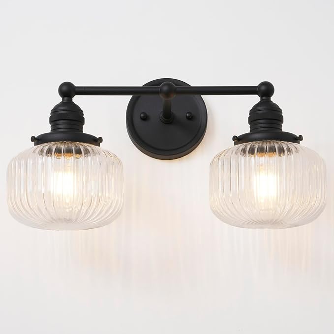 2-Lights Wall Sconces,Vintage Double Arm Black Bathroom Vanity Light with Clear Striped Glass Shade Hardwire Indoor Wall Sconce Lighting for Bathroom Living Room Bedroom Kitchen