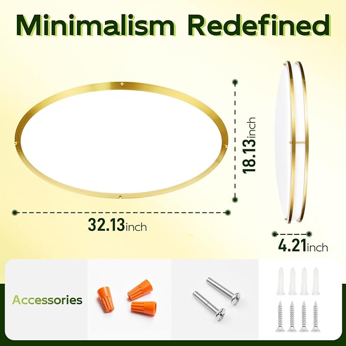 hykolity 32 Inch Oval LED Ceiling Light, 60W, 4000LM, 2700K/3000K/3500K/4000K/5000K Adjustable, Gold Finish Dimmable Flushmount Ceiling Light for Bedroom, Living Room