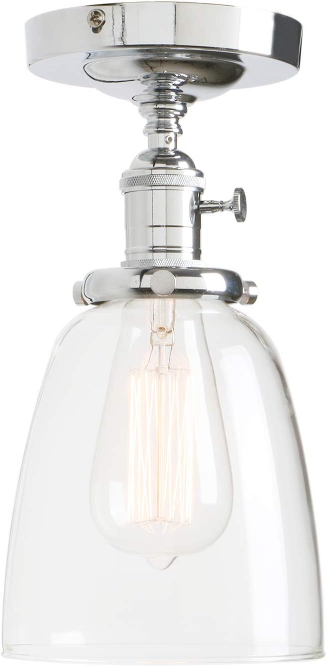 PERMO Modern Small Semi Flush Mount Ceiling Pendant Light Glass Ceiling Lights Hallway Fixtures with Flate Ribbed Glass Lampshade, 1-Light (Chrome, 292)
