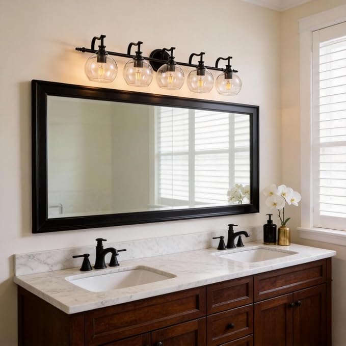 ANDY STAR Black Vanity Light, 5-Light Bathroom Light Fixture, 35" Large Bathroom Lighting Over Mirror, Industrial Wall Sconce, Perfect for Big Bathrooms, Double Vanities, Long-Length Elegant Design