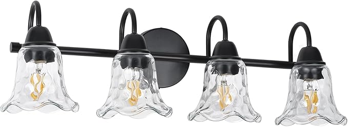 Bathroom Light Fixtures over Mirror, 4 Lights Vintage Wall Sconces with Hammered Glass Shade, 26.8" Matte Black Farmhouse Bathroom Wall Light Fixtures for Bedroom, Porch, Hotel, Mirror Cabinet