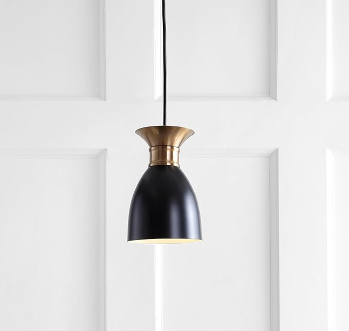 JONATHAN Y 5.75" Black/Brass Gold Modern Metal LED Pendant Light Fixture, Adjustable Hanging Ceiling Lamp for Kitchen Island Bedside, Metal Black Shade, LED Bulb Included JYL6136A