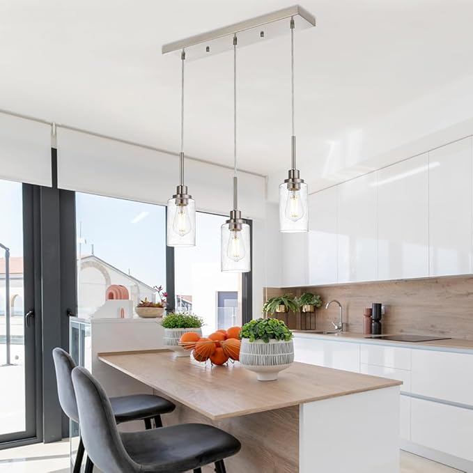 TODOLUZ Industrial Pendant Lighting, 3-Lights Adjustable Height Hanging Light Fixtures with Seeded Glass Shade, Brushed Nickel Kitchen Island Ceiling Light for Living Room Foyer