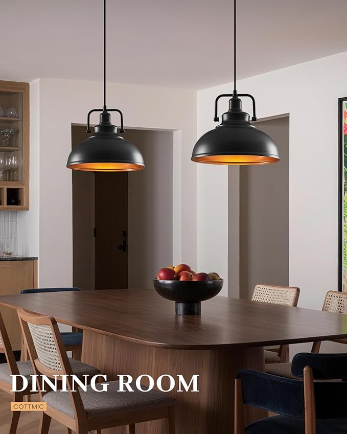 Black Pendant Lights Farmhouse Pendant Light Fixture 11.5in 2 Pack, Adjustable Height, Vintage Pendant Lights for Kitchen Island, Dining Room Barn, Bar, Living Room