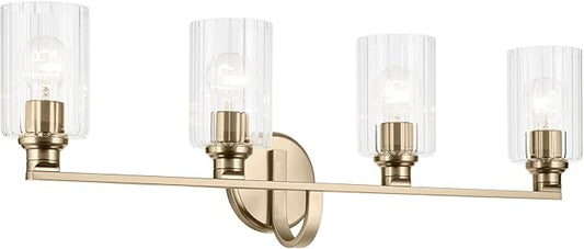 Kichler Gioe 32.25 in 4-Light Bathroom Vanity Light Fixture with Clear Fluted Glass in Champagne Bronze, Damp Rated for Mirror, Powder Room (32.25 in W x 10.5 in H), 55227CPZFLU
