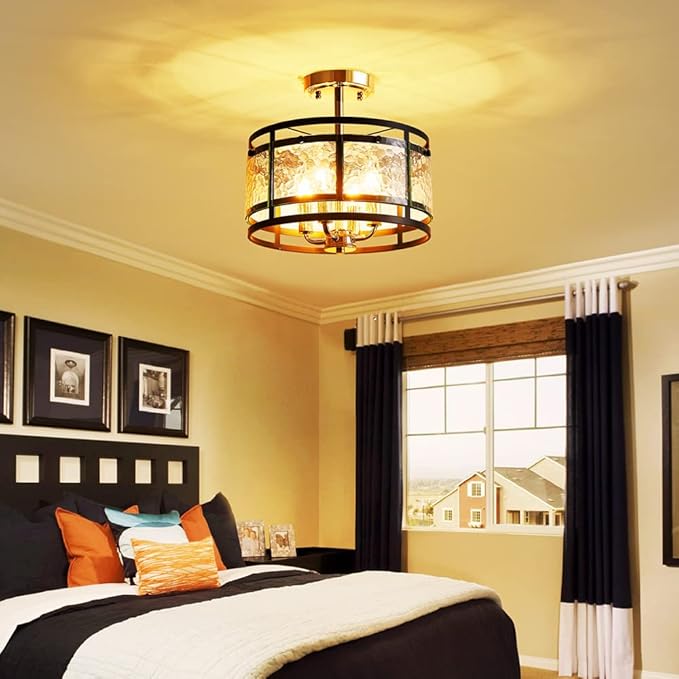 AGV LIGHTING Ceiling Light Fixture, Semi Flush Ceiling Light, 4-Lights, Hazy GlassMatte Black & Shine Gold Finish, D12 x H8 inch