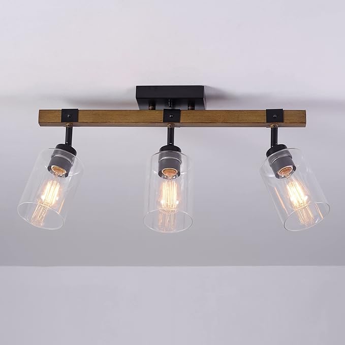 Globe Electric 57502 3-Light Track Lighting, Wood Toned, Matte Black Accents, Clear Glass Shades, Pivoting Heads, Modern Farmhouse, Ceiling Light for Kitchen Island and Dining Room Table