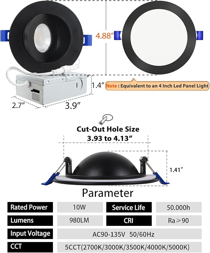 Adetu 4 inch 5CCT Gimbal Black Led Recessed Lights, 360°+90° Adjustable Directional Recessed Lighting, 2700K/3000K/3500K/4000K/5000K Dimmable Eyeball Canless Downlight with Jbox, ETL (Black, 4 Pack)