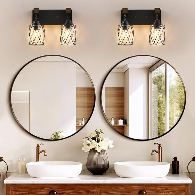 Farmhouse Bathroom Light Fixtures, 2 Light Bathroom Vanity Light with Metal and Glass Lampshade, Wood Rustic Lighting Fixtures Over Mirror, Black Wall Sconces for Living Room, Bedroom