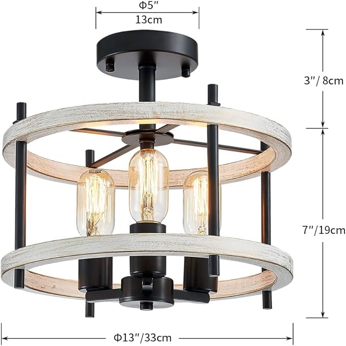 AGV LIGHTING Semi Flush Mount Ceiling Light Fixture, 3-Light Farmhouse Light Fixture Ceiling Mount White Ash Wood Texture Finish