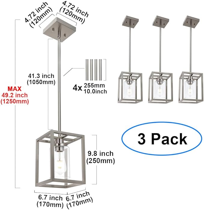 MELUCEE 3-Light Dining Table Light Sloped Ceiling Light Fixture with Clear Glass Shade, Brushed Nickel Pendant Lights Kitchen Island Adjustable Hanging Ceiling Lamp for Hallway Bathroom, 3 Pack