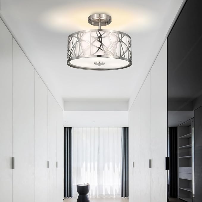 3-Light Semi Flush Mount Ceiling Light, 12.6" Drum Light with White Fabric Shade, Modern Close to Ceiling Lamp for Living Room Bedroom Dining Kitchen Hallway Entry Foyer (Brushed Nickel)