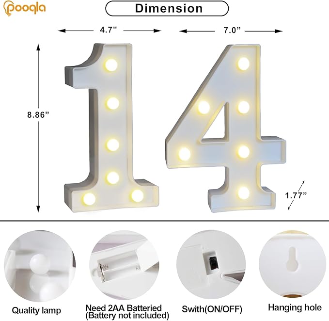 Pooqla Decorative Led Light Up Number Letters, White Plastic Marquee Number Lights Sign for 14th Birthday Party Wedding Decor Battery Operated Number (14)