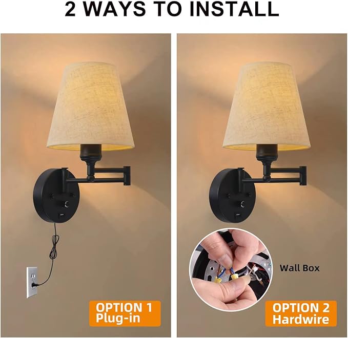 Bedside Wall Mount Light with Dimmable Switch and USB Port, Black Wall Sconce Light with Swing Arm and Plug in Cord, Fabric Shade Wall Lamp Perfect for Bedroom, Living Room and Hotel