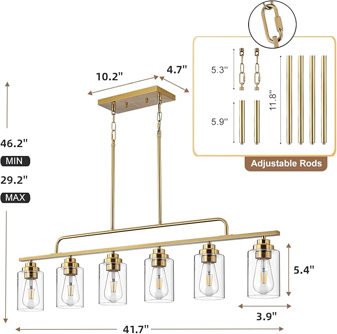 Dining Room Light Fixture - Brushed Gold 6-Light Farmhouse Chandelier Kitchen Island Lights Fixtures Modern Linear Chandeliers Hanging Pendant Lighting Over Table for Dining Room